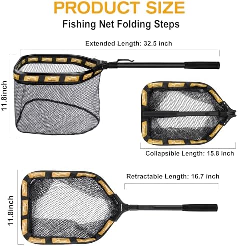 PLUSINNO Floating Fishing Net for Steelhead, Salmon, Fly, Kayak, Catfish, Bass, Trout Fishing, Rubber Coated Landing Net for Easy Catch & Release, Compact & Foldable for Easy Transportation & Storage