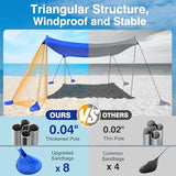 Rhino Valley Beach Tent Sun Shelter, 10x10FT Beach Canopy Tent Sun Shade UPF50+ Protection with 8 Sandbags 4 Stability Poles, Outdoor Beach Shade Canopy 6-8 People for Beach Camping Fishing