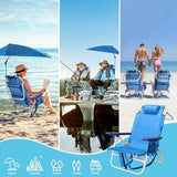 Beach Chair, Backpack Chairs for Adults with Adjustable Umbrella, Folding Beach Chairs with Storage Pouch, Cup Holder & Towel Rack, Adjustable Lounge Chair for Seaside, Blue