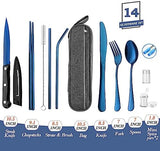 Portable Reusable Travel Utensils Silverware With Case, Camping Cutlery Set, Chopsticks and Straw, Flatware With Case, Stainless Steel Top (Blue)