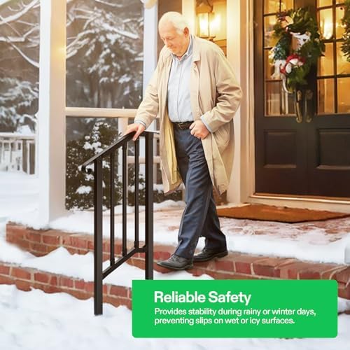 VIVOSUN Outdoor Handrail, 2 Step Stair Handrail, 26" x 36" Fits 1 to 2 Steps, Wrought Mattle Iron Stair Railing with Curved Ends and Balusters for Concrete Steps, Porch Steps, One-step Assembly, Black