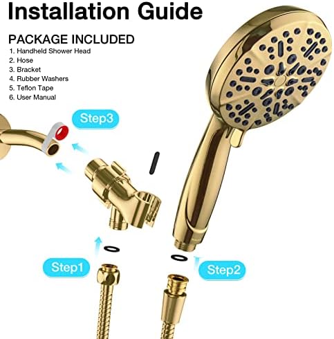 Gold Shower Head with Handheld High Pressure – The High Flow Rain Showerhead with Extra 60" Long Hose and Adjustable Overhead Brass Holder Anti-Clog Silicone Nozzles – Upgrade your Luxurious Bathroom