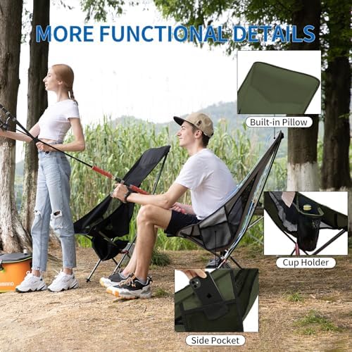 Camping Chairs, All Aluminum Frame Portable Folding Camp Chair for Adults, Heavy Duty High Back Collapsible with Built-in Pillow, Side Pocket, Carry Bag for Backpacking, Hiking, Beach