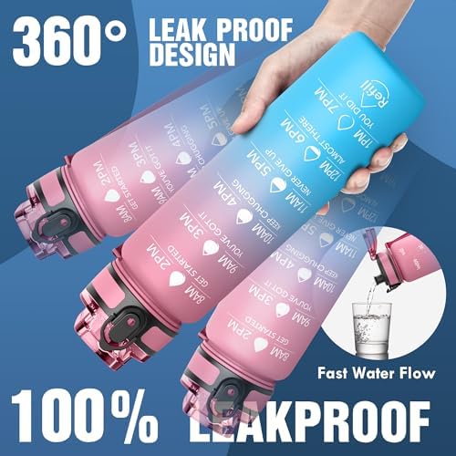 OLDLEY Water Bottle, 32oz Motivational Sports Water Bottle with Time Marker - Times to Drink - Tritan, BPA Free, Wide Mouth Leakproof, Balloon (1 Bottle)
