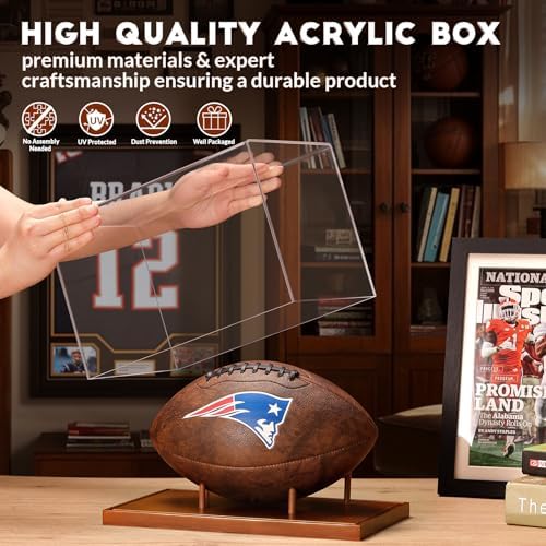 JupDec Football Display Case Full Size, Acrylic Clear Box with Wood Stand, UV Protected Memorabilia Holder, for Football Fans & Collectors, Sports Collectibles, No Assembly Required