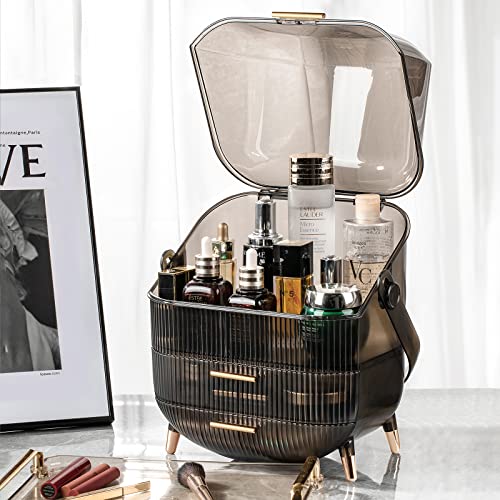 CANITORON Makeup Organizer,Large Capacity Skincare Organizer for Vanity,Cosmetic Organizer with 2 Drawers and Makeup Brush Holder for Bedroom Countertop and Bathroom Countertop Storage.(Gray)