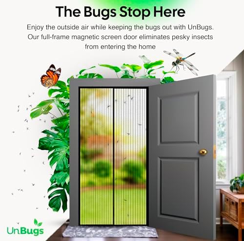 UnBugs Magnetic Screen Door - Fits Doors up to 34 x 82 Inches Max (Item Size 36 x 83) - Pet & Kid Friendly Self-Closing - Hands Free Magnet Closure - Bugs Out & Breeze In