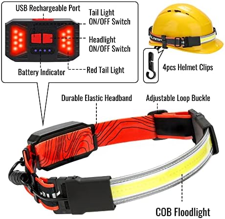 Adelante LED Headlamp Flashlight, 4Pack 1000LM 230°Wide-Beam Rechargeable Head Lamp for Adults, Red Taillight & 16 Clips Waterproof Hard Hat Light Headlamps for Running Hiking and Camping