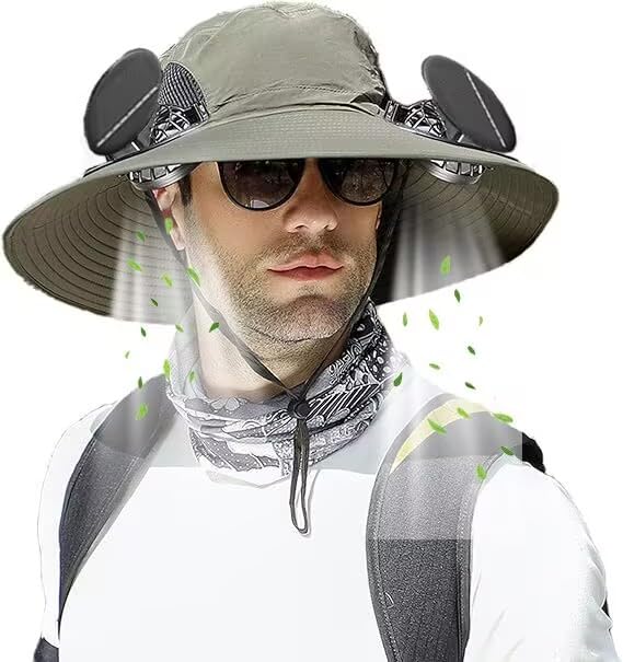 Hat with Fans Solar Power, Wide-Brim Sun Hat with 2 Solar Fan for Men Women, UPF 50+ Bucket Fishing Hat with Fan Built in (US, Alpha, One Size, Large, Petite Plus Size, Green)