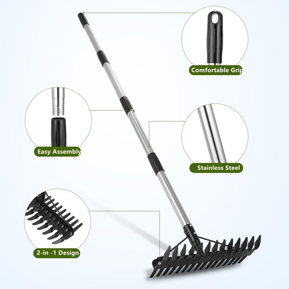 QZTODO Thatch Rake - 63 Inch Dethatcher Rake with Upgraded Dual-Action Tines, Adjustable Efficient Garden Tool for Lawns Dead Grass