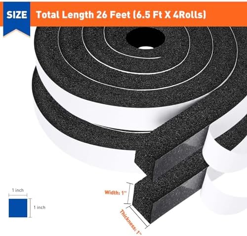 MAGZO Weather Stripping Door Seal 1 Inch W X 1 Inch T X 26 Ft Total Length, Strong Adhesion and High Resilience Air Conditioner Foam Insulation (6.5ft x 4 Rolls)