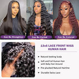 13x6 Deep Wave Lace Front Wigs Human Hair Curly Hd Transparent Lace Frontal Wig for Women Wet and Wavy Glueless Wigs Pre Plucked with Baby Hair Brazilian Hair 180% Density Natural Black 22 Inch