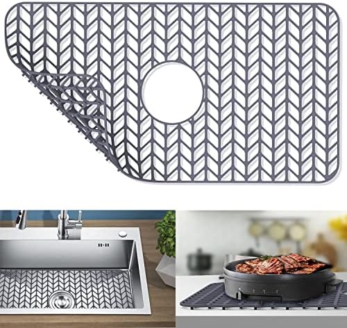Silicone Sink Protectors for Kitchen Sink, GUUKIN 26''x 14'' Sink Mat Grid for Bottom of Farmhouse Stainless Steel Porcelain Sink with Center Drain (Grey)