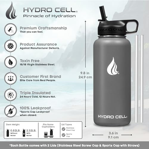 HYDRO CELL Stainless Steel Insulated Water Bottle with Straw - For Cold & Hot Drinks - Metal Vacuum Flask with Screw Cap and Modern Leakproof Sport Thermos for Adults (Graphite 32oz)