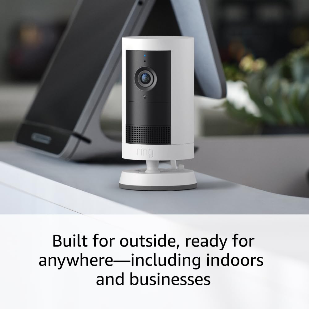 Ring Outdoor Cam Plus, Plug-In (newest model), Home or business security, Wide-Angle 2K Video with Ring Vision, Low-Light Sight for full-color night vision, Mount-Anywhere Versatility, White