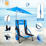 EMERIT Low Beach Chairs for Adults, Sling Beach Chair with Umberalla, Folding Backpack Camping Chair with Cup Holder