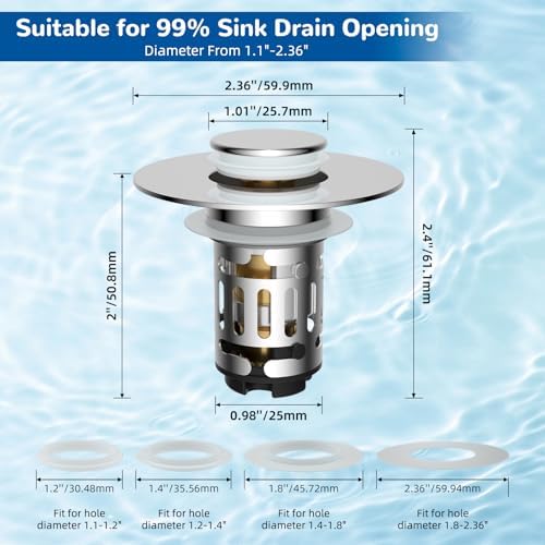 Hibbent 2 Pack 3 in 1 Bathroom Sink Drain Strainer, Universal Pop Up Stopper with Removable Stainless Steel Filter Basket Hair Catcher, Sink Plug for 1.1''~2.36'' Basin, Brass Bullet Core, Chrome