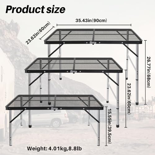 jkwokback 3ft x 2ft Grill Table Portable Camping Table, Waterproof Black Folding Table with Adjustable Height Camping Table,Folding Camp Table for BBQ,Camping, Outdoor Sports, Beaches and Picnics