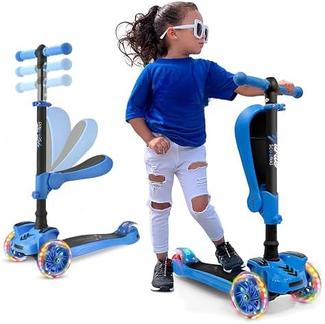 Hurtle 3-Wheeled Scooter for Kids - Wheel LED Lights, Adjustable Lean-to-Steer Handlebar, and Foldable Seat - Sit or Stand Ride with Brake for Boys and Girls Ages 1-14 Years Old