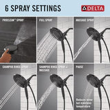 Delta Faucet 6-Setting In2ition 2-in-1 Dual Shower Head with ProClean Spray, Matte Black Round Shower Head with Hose, Hand Held Shower Head, Matte Black 75655BL