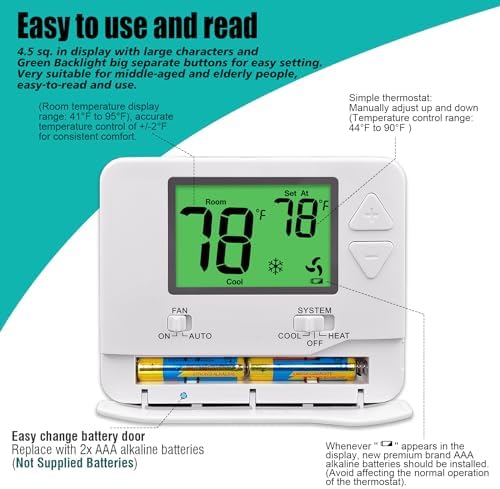 Non-Programmable Thermostat for House, Digital Energy-Saving Home Thermostats, up to 1 Heat/1 Cool Single-Stage Systems (Green Backlight)