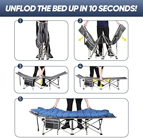 HAITRAL Portable Camping Cot with Mattress - Outdoor Folding Heavy Duty Sleeping Bed with Side Pocket for Adults - Oxford Single Lounge Chaise for Camping Tent Beach Office Max Load 300 LBS (Grey)