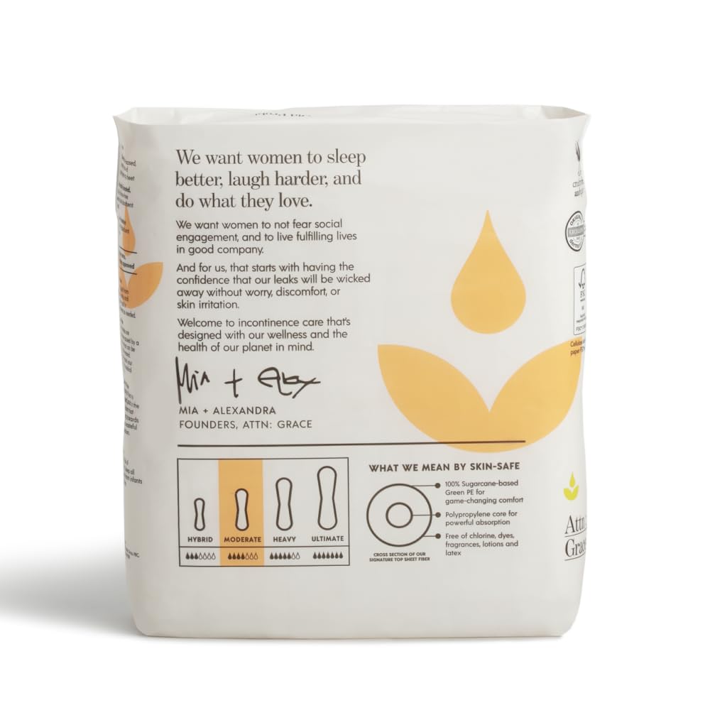 Attn: Grace Moderate Incontinence Pads for Women, 28-Pack - High Absorbency, Breathable, Plant-Based - Incontinence Pads for Moderate Bladder Leaks & Sensitive Skin