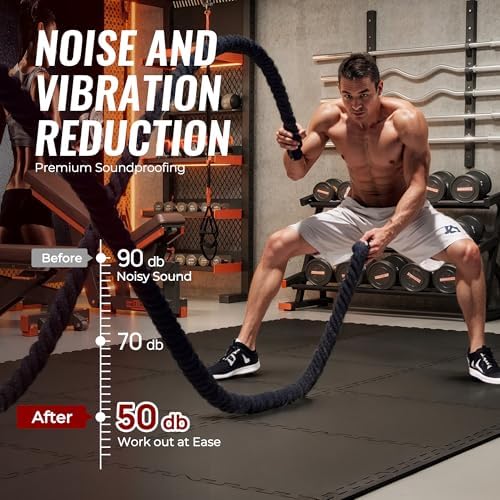 SUPERJARE 0.56'' Thick 12 Pcs 48 Sq Ft Rubber Top Exercise Equipment Mats, High Density EVA Foam Mats with Rubber Top, Interlocking Gym Flooring for Home Gym, Protective Workout Mat, Black