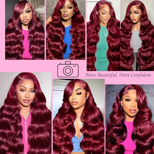 30 Inch 99j Burgundy Lace Front Wigs Human Hair 13x4 HD Transparent Wine Red Burgundy Body Wave Human Hair Lace Front Wigs for Women 180 Density Pre Plcked Human Hair Lace Frontal Wig with Baby Hair