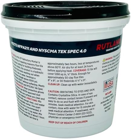 Rutland Dry Mix Refractory Mortar, Masonry & Fire Brick Cement, No Heat Cure Required, Dark Gray, 2550F, 2.5 lb Tub