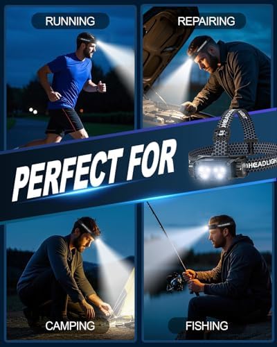 Headlamp Rechargeable 2PCS, Light Bright LED Rechargeable Headlight with White Light, Waterproof Head Lamp with Headband for Outdoor Camping, Hiking, Camping Essentials, Working(Black)