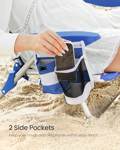 SONGMICS Portable Backpack Beach Chair, 331 lb Capacity, 4 Angles Adjustable Backrest, 2 Side Pockets, Towel Bar, Blue and White UGCB62BU