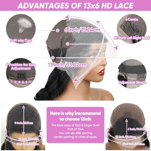 30 Inch Body Wave Lace Front Wigs Human Hair 13x6 HD Lace Front Wigs Human Hair Pre Plucked Brazilian Human Hair Wigs for Women 180 Density Glueless Lace Frontal Wigs Human Hair Black Body Wave Wig