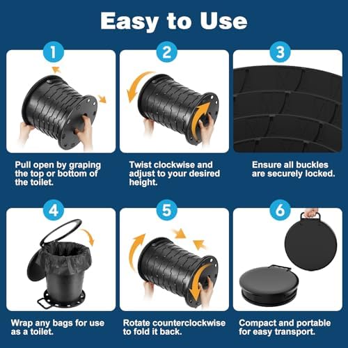 Portable Toilet for Adults, Retractable Porta Potty for Camping with Toilet Paper Holder and Lid, Foldable Toilet Adjustable Height for Camping, Hiking, Fishing, RV Travel, Road Trips