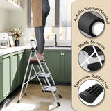 KINGRACK 3 Step Folding Ladder, 900 lbs Load Capacity, Non-Skid Large Pedals, Handrail, Safety Lock, Sturdy Step Stool for Home, Office, Garden, Multi-Purpose, White
