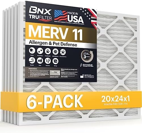 BNX TruFilter 20x24x1 Air Filter MERV 11 (6-Pack) - MADE IN USA - Allergen Defense Electrostatic Pleated Air Conditioner HVAC AC Furnace Filters for Allergies, Dust, Pet, Smoke, Allergy MPR 1200 FPR 7