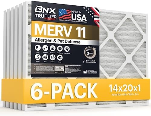 BNX TruFilter 14x20x1 Air Filter MERV 11 (6-Pack) - MADE IN USA - Allergen Defense Electrostatic Pleated Air Conditioner HVAC AC Furnace Filters for Allergies, Dust, Pet, Smoke, Allergy MPR 1200 FPR 7