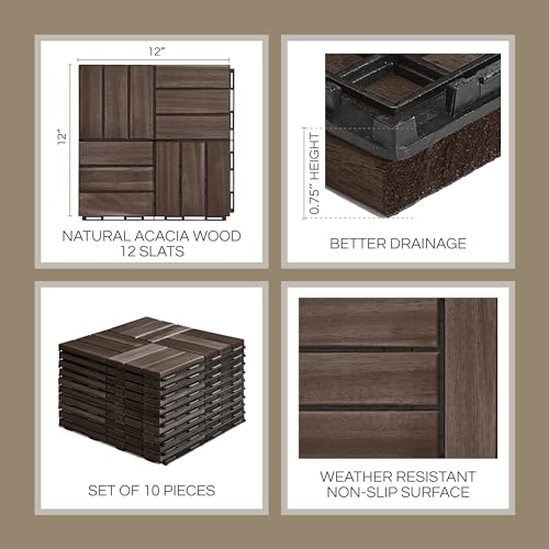 10 Pcs Interlocking Deck Tiles, Patio Flooring - Outdoor Waterproof Acacia Wood Tiles for All Weather Use - Balcony, Backyard, Indoor & Outdoor (Espresso, 10 Pcs - 12.1 Square Ft)