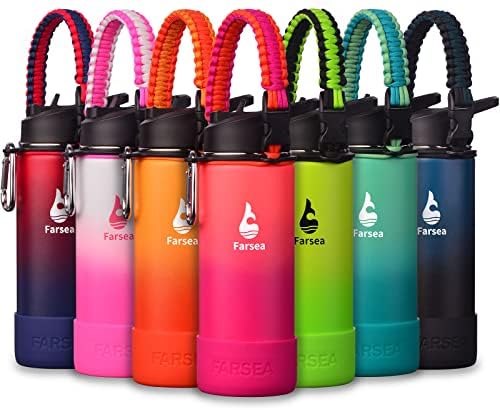 Farsea Insulated Water Bottle With Paracord Handle, Protective Silicone Boot and 2 Lids (Straw Lid & Spout Lid), Stainless Steel Water Bottle Wide Mouth, Double Wall Sweat-Proof BPA-Free, 18 oz