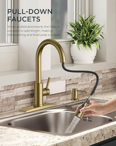 FORIOUS Gold Kitchen Faucet with Soap Dispenser and Pull Down Sprayer, High Arc Single Handle Classic 3 Modes Stainless Steel Faucet for Kitchen Sink Farmhouse RV Bar Laundry Camper