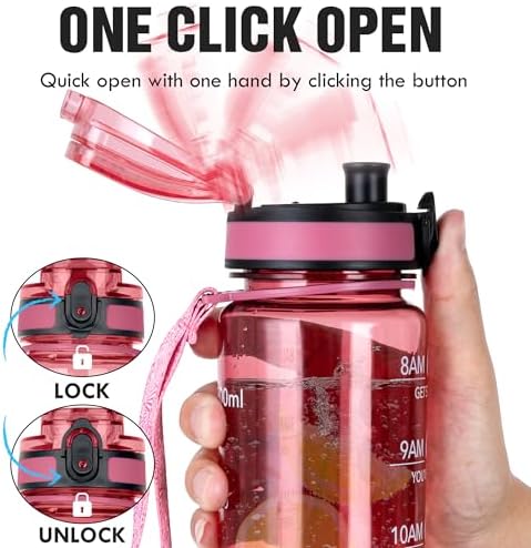 OLDLEY Water Bottle, 32oz Motivational Sports Water Bottle with Time Marker - Times to Drink - Tritan, BPA Free, Wide Mouth Leakproof,Clear Red