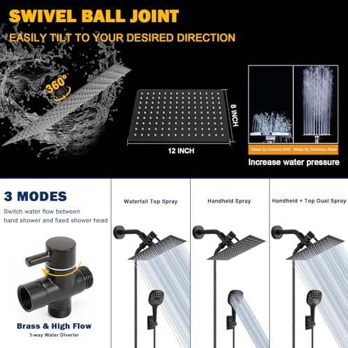 NearMoon Shower Head with Hose, High Pressure Stainless Steel Rain Shower and 3 Settings Handheld Spray Combo with Push Button Flow Control (12 Inch Showerhead Set, Matte Black)