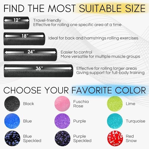 Yes4All High-Density Round Back Roller Foam, Exercise Foam Roller for Yoga, Pilates & Stretching - 12, 18, 24, 36 inch