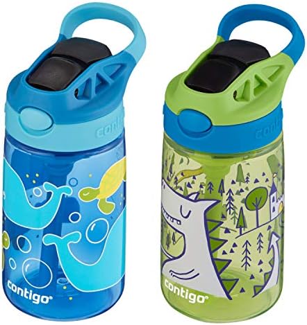 Contigo Aubrey Kids Water Bottle with Silicone Straw and Spill-Proof Lid, 14 oz, 2 Pack, Whales & Dragon