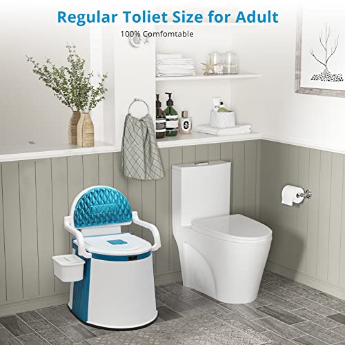 VINGLI Portable Toilet | Back & Handrail Design Commode with 5 Gallon Bucket Inner, Camping RV Toilet for Adult, Kids, Home, Boat, Van, Travel, Plastic, Blue & white