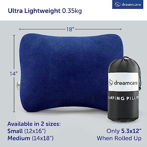 DREAMCARE Camping Pillow, Memory Foam Travel Pillow, Camping Accessories - Small Pillow Camping Essentials Camping Pillows for Sleeping, Backpacking Pillow, Travel Pillows for Sleeping (Medium,Blue)
