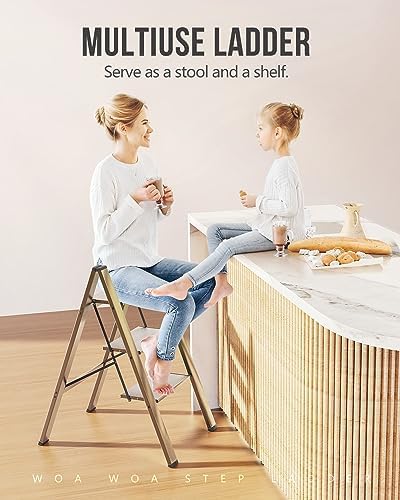 WOA WOA 3 Step Ladder, Foldable Step Stool, Aluminum Lightweight Ladder for Home Kitchen Closet, Anti-Slip Pedals, Ease of Folding, Portable, 300lbs Capacity - Gold