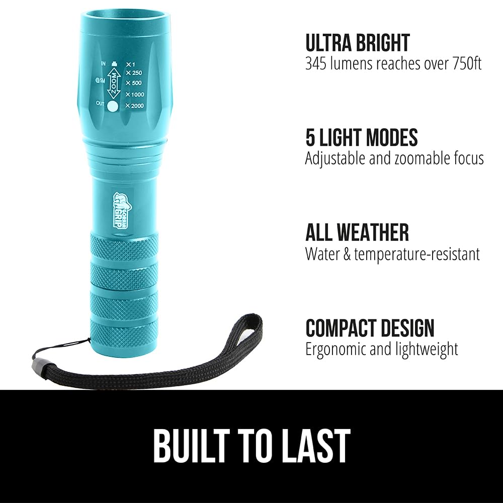 GORILLA GRIP Powerful LED Tactical Flashlight, 750 FT High Lumens 5 Adjustable Modes, Water Resistant, Ultra Bright Flashlights, Small Mini Flash Light, Camping, Night Dog Walking, 2 Pack Turquoise