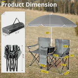 Outvita Folding Double Camping Chair w/Umbrella Beverage Holder Carrying Bag Cooler Fold Up Table, Large Bearing Capacity for Beach Patio Pool Park Outdoor Gray