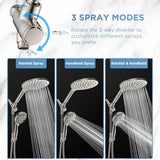Dual Handheld Shower Head Combo, 2-in-1 Rain Shower Heads System 8 Inch Rainfall Shower Head and 10 Modes High Pressure Hand Held Showerhead with Built-in Power Wash